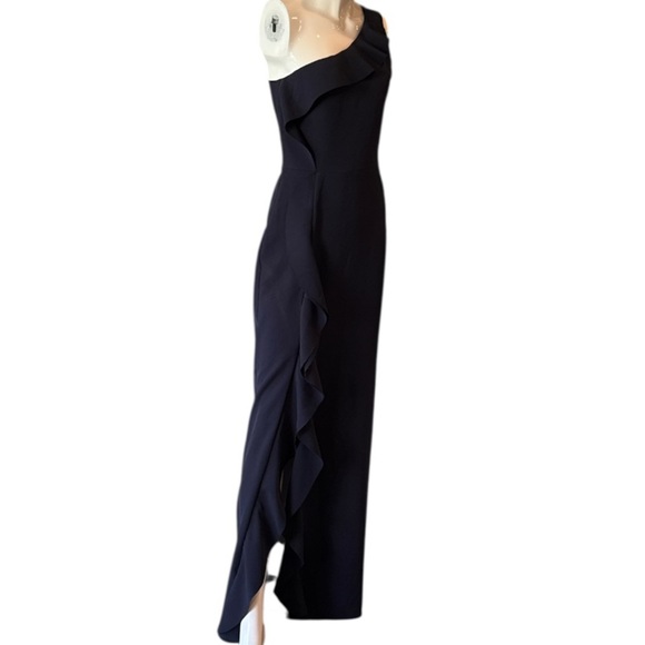 Xscape Elegant One Shoulder Ruffled Navy Scuba Maxi Dress Size 6 - Picture 4 of 11